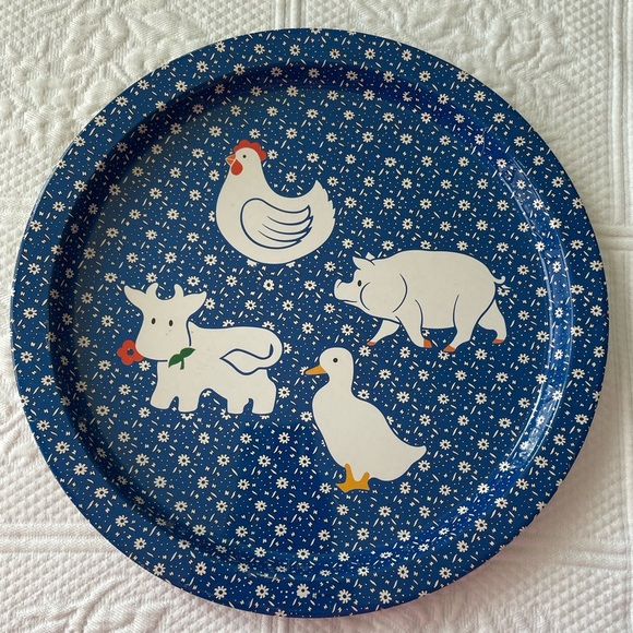 Farm Animal Metal Serving Tray Decor Cow Pig Chicken Duck Blue White Set of 2 - Picture 2 of 7